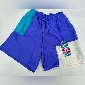 Vintage 90s UMBRO Soccer Shorts Medium Nylon ColorBlock Blue Spellout